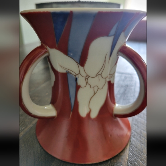 Koransha co. signed orchid mark 1930s Japanese Fukagawa Triple 3 Tri Handle Vase - Picture 4 of 9